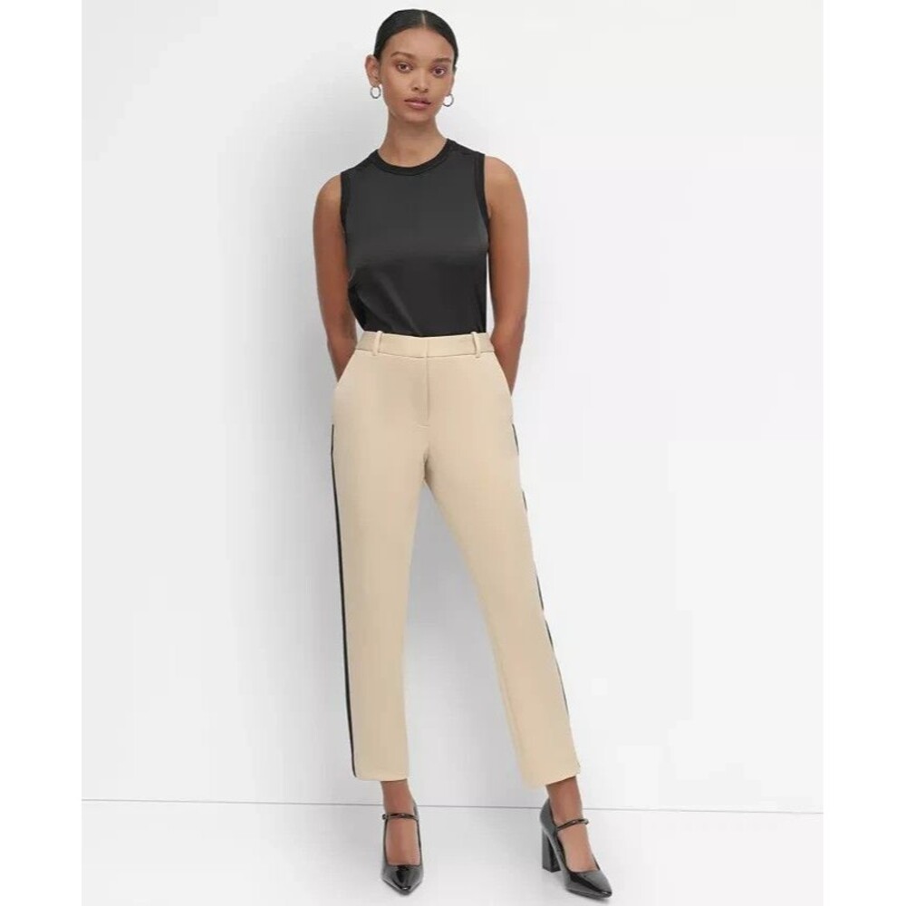 DKNY Women's Soft Hand Scuba Ankle Dressy Pants Sides Stripes Beige Black Size 0 - Picture 4 of 11